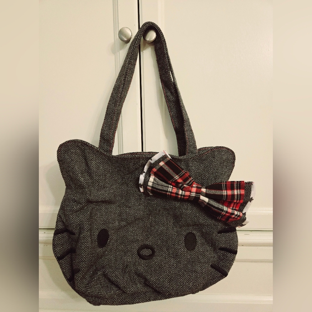 Sanrio Hello Kitty Gray Herringbone Fabric Plaid Bow Tote Purse